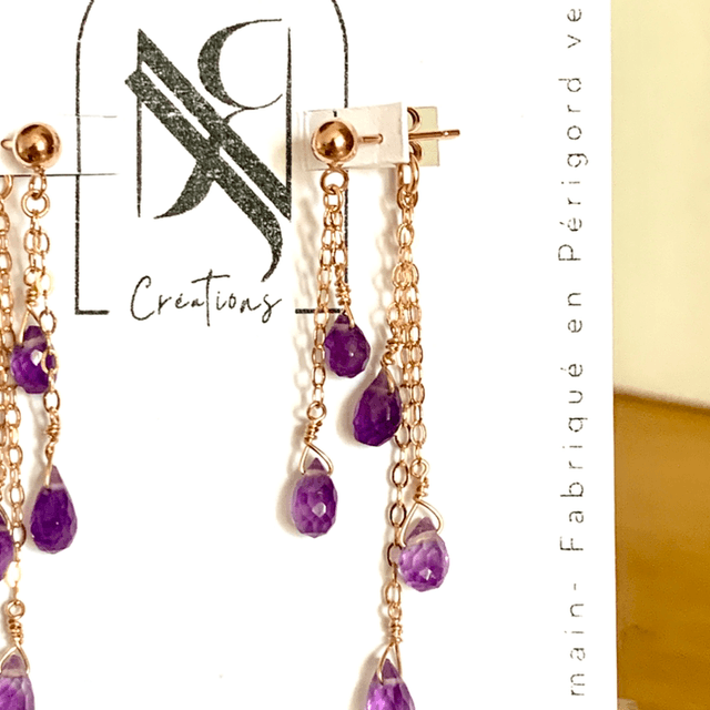 Boucles d'oreilles, Améthystes naturelles, Goldfilled rose (or rose laminé)
