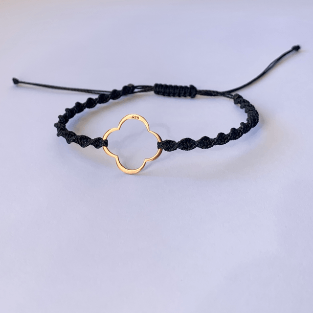Bracelet, trèfle en argent 925 doré rose, micro-macramé 