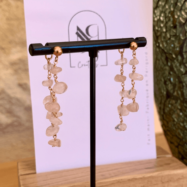 Boucles d’oreilles, Quartz roses naturels, Goldfilled rose (or rose laminé)