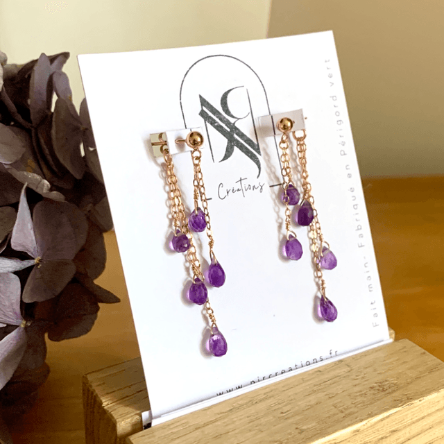 Boucles d'oreilles, Améthystes naturelles, Goldfilled rose (or rose laminé)