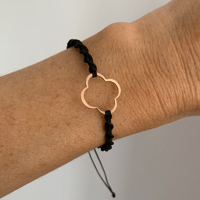 Bracelet, trèfle en argent 925 doré rose, micro-macramé 