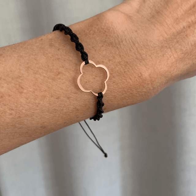 Bracelet, trèfle en argent 925 doré rose, micro-macramé 