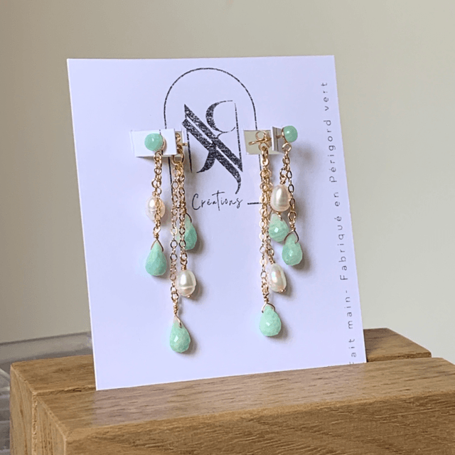 Boucles d'oreilles, Amazonites naturelles & Perles d’eau douce de culture, Goldfilled rose (or rose laminé) 