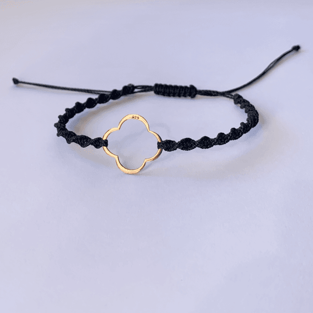 Bracelet, trèfle en argent 925 doré rose, micro-macramé 